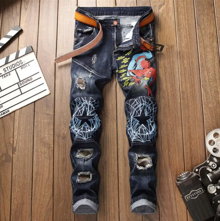 Embroidered spider jeans mens knickers ripped micro-stretch men's pants Original design autumn winter European American style
