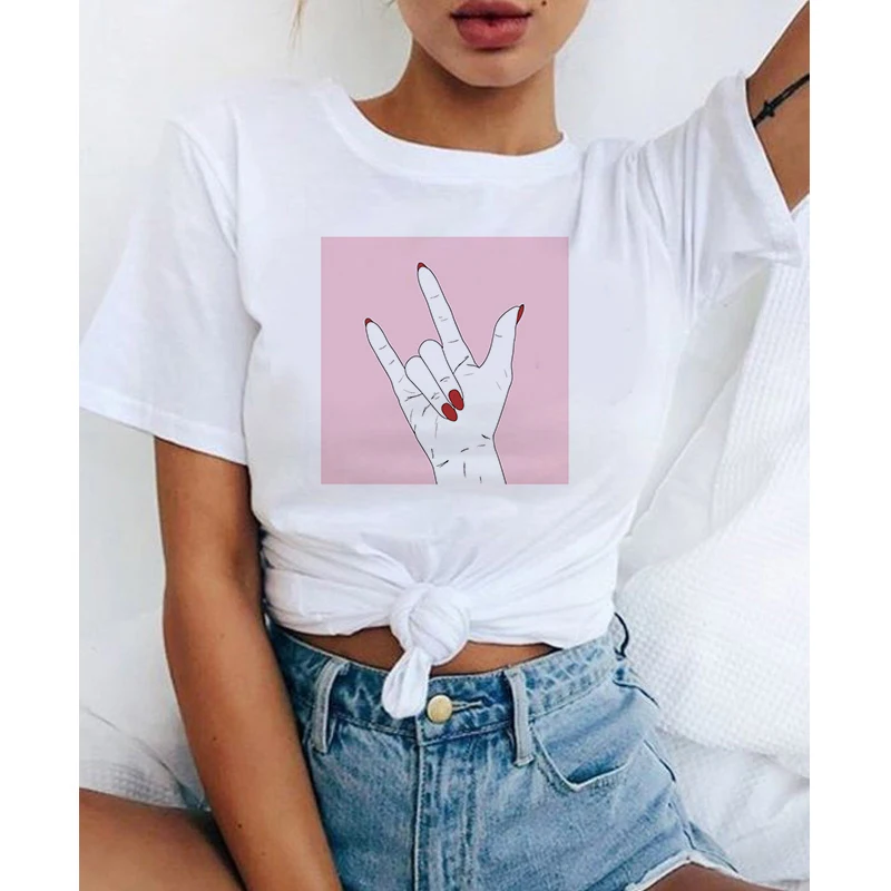 

T-shirt à col rond pour femme, estival et à la mode, avec image de geste et d'amour, blanc, années 90, Kawaii