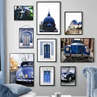 Мусульманский архитектурный постер со старой дверью, винтажный автомобиль, синяя настенная Художественная печать, цитаты, холст, живопись, Современная гостиная, домашний декор