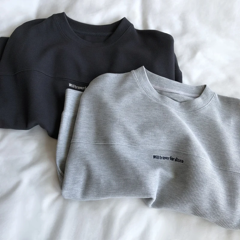 

Waffle Embroidered Small Letter Sweatshirt Women's Spring and Autumn round Neck Loose Long Sleeves Sports