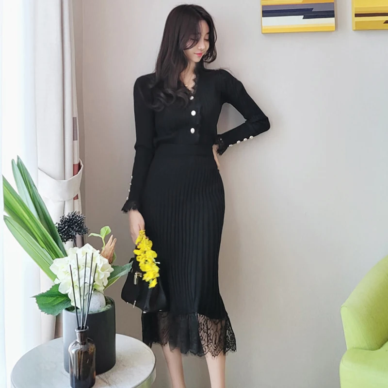 

Ladies Casual Knitted Suit 2021 New Spring Fashion Women V-neck Sweater Tops Long Skirt Lace Splice Knit 2 Piece Set