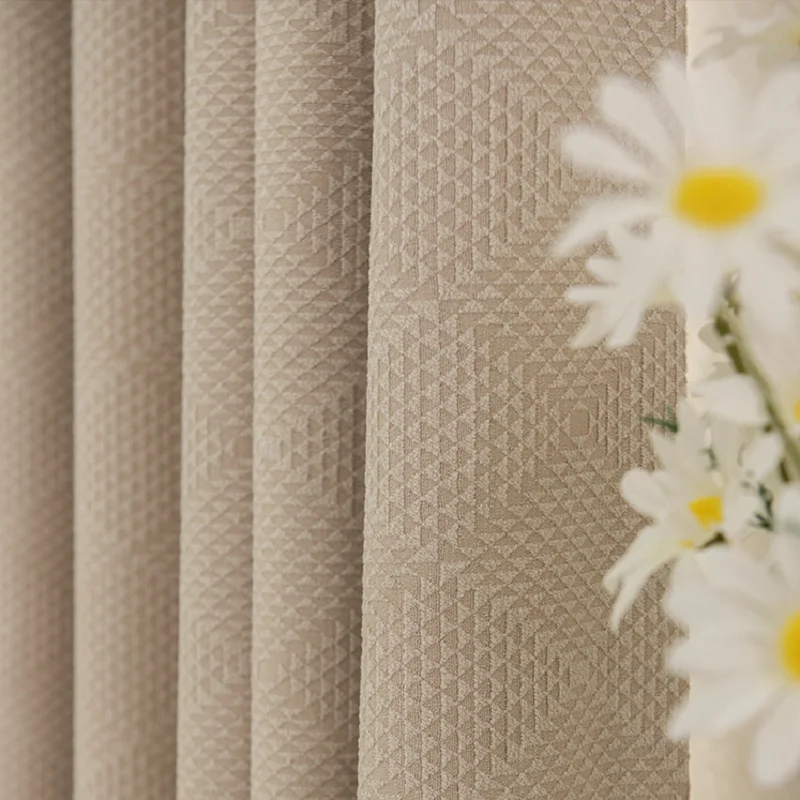 

Japanese Style Curtains for Living dining Room Bedroom Solid Color Lattice Nordic Wind Bay Window Simple Gray Milk Tea Color