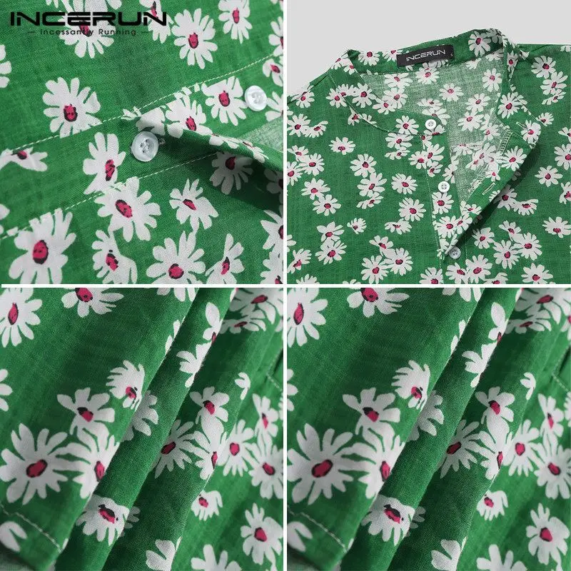 

Summer Fashion Flower Printed Shirt Men Cotton Streetwear Stand Collar 2021 Casual Hawaiian Shirts Short Sleeve Blouse INCERUN