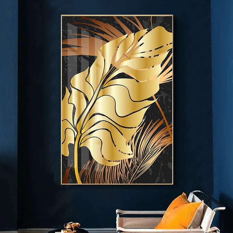 Плакат на холсте с изображением черных золотых листьев и растений в