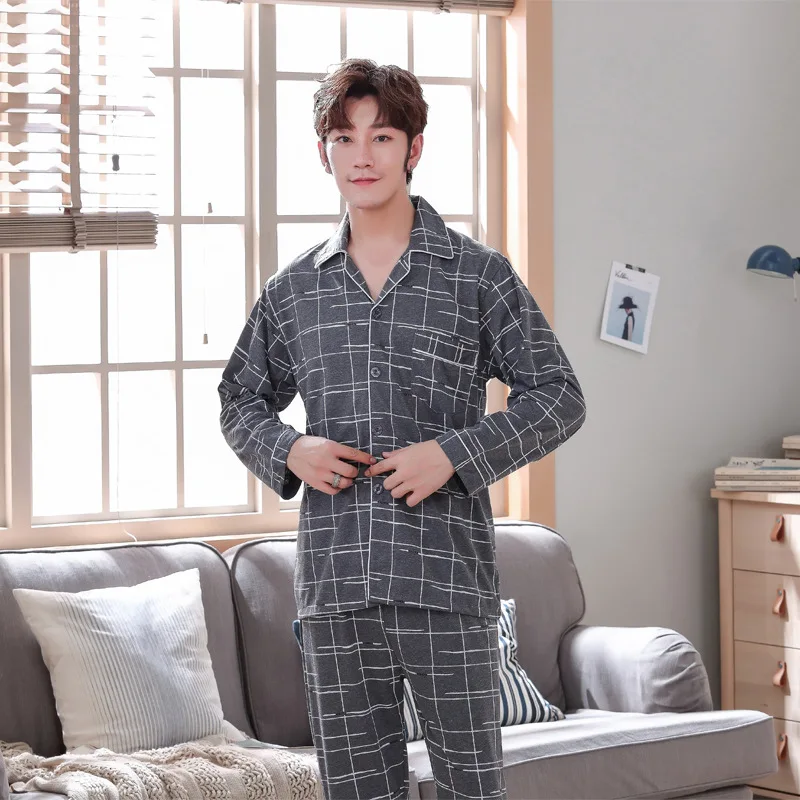 

New Style Hot Sales Spring Autumn Winter Knitted Cotton Men Korean-style Double-Sided Cardigan Fold-down Collar Long Sle Pajamas