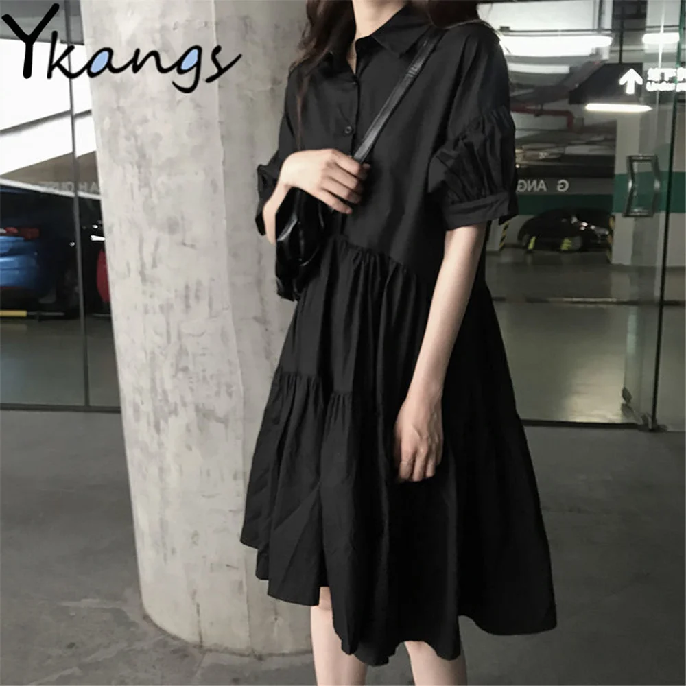 

Vestidos Black Loose A-Line Midi Dresses Bubble Short Sleeve Summer Simplicity Women'S Clothing Korean Style Elegant Plus Size