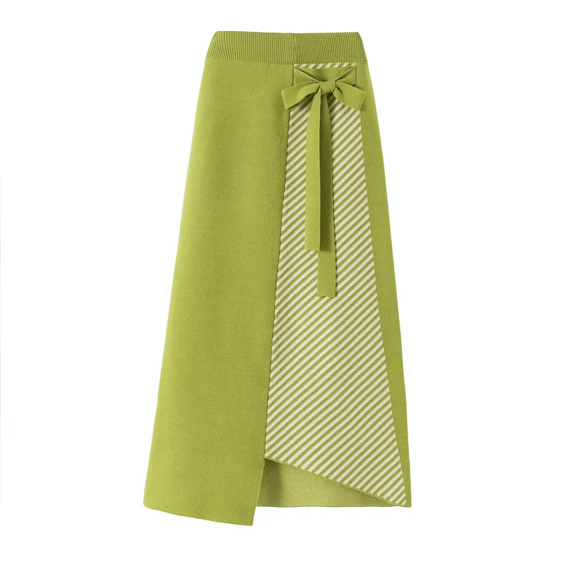 

Women's A-Line Slim Mid-Calf Knit Sweater Skirt 2021 Spring Autumn New Korean Version Bow-Knot Mid-Length Pull Femme Skirt