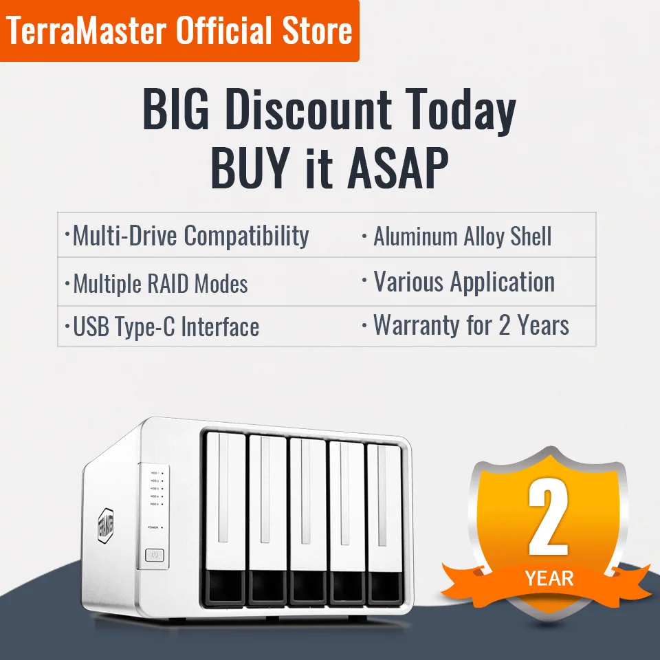 TerraMaster D5-300 USB3.0 (5Gbps) Type C 5-Bay External Hard Drive Enclosure Support RAID 5 Hard Disk RAID Storage (Diskless)