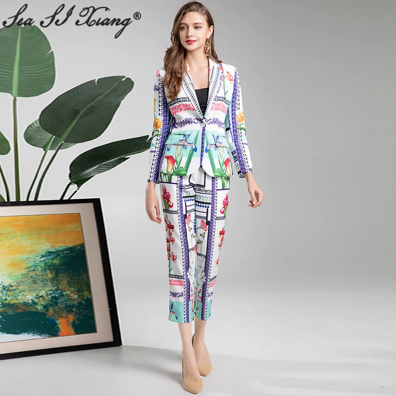 

Seasixiang Fashion Autumn Suit Women Notched Long Sleeve Single Button Coat + Floral Print Pencil Pants Vintage Two-Piece Set