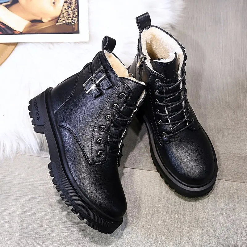 

2020 Winter Woollen Boots Women Fashion Platform Sole Rubber Lace Up Mid-Calf Round Head Women Shoes Anti Skid snow Boot Female