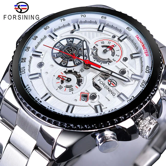 GMT1137-8 Forsining, лидер продаж, механические Автоматические Мужские часы, черные, нержавеющая сталь, водонепроницаемые, с календарем, 3 циферблата, модные, деловые, мужские часы - Цвет: GMT1137-8