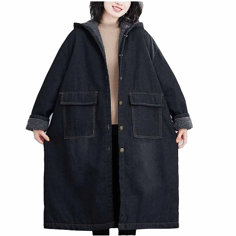2022 New Black Denim Jackets Winter Padded Coat Fleece Inside Women's Parka Loose Hooded lambswool Outwear Long Jeans Coat KW396