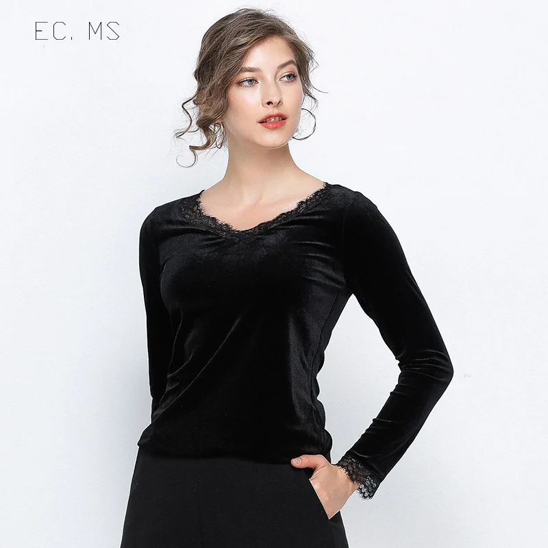 EC.MS бархатная рубашка Женская кружевная с v образным вырезом тройники теплые
