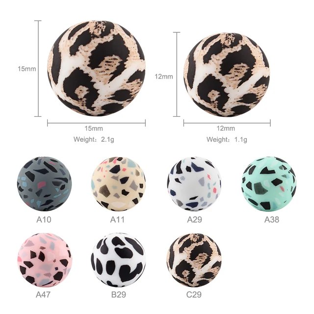 12mm Silicone Baby Beads Print Leopard 10pcs BPA Free Baby Teething Round Ball Pearl DIY Silicone Pacifier Clip Teether Bead 3
