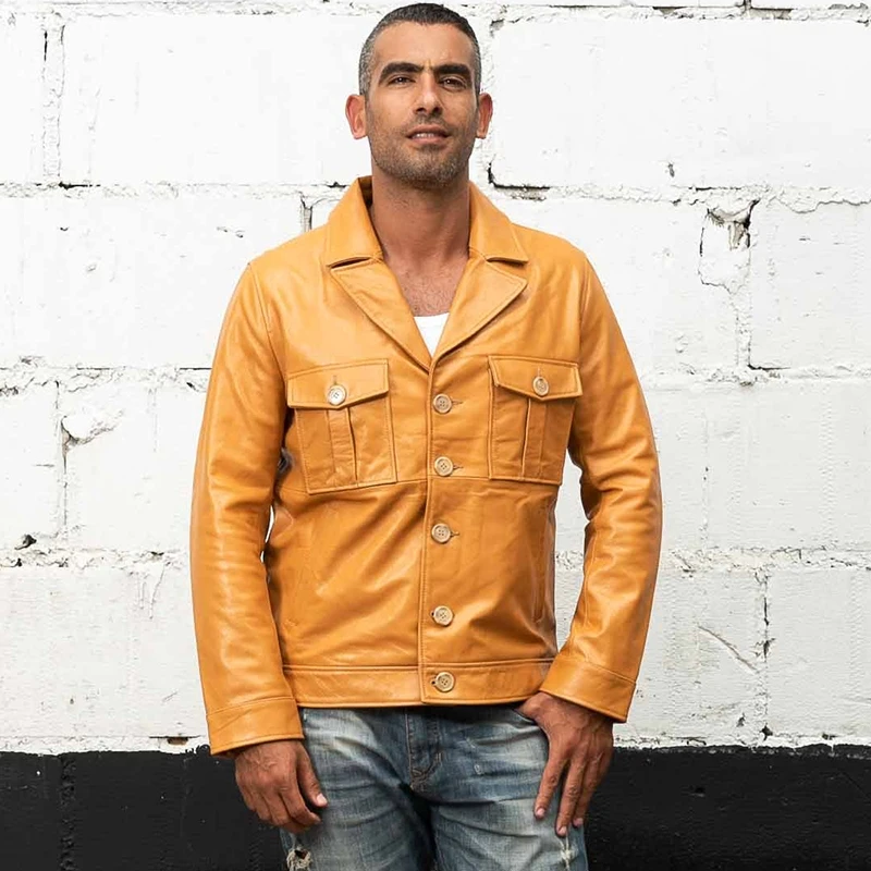 

Yellow Men 2020 Casual Leather Jacket Large Size XXXL Genuine Cowhide Autumn American Style Slim Fit Leather Caot FREE SHIPPING