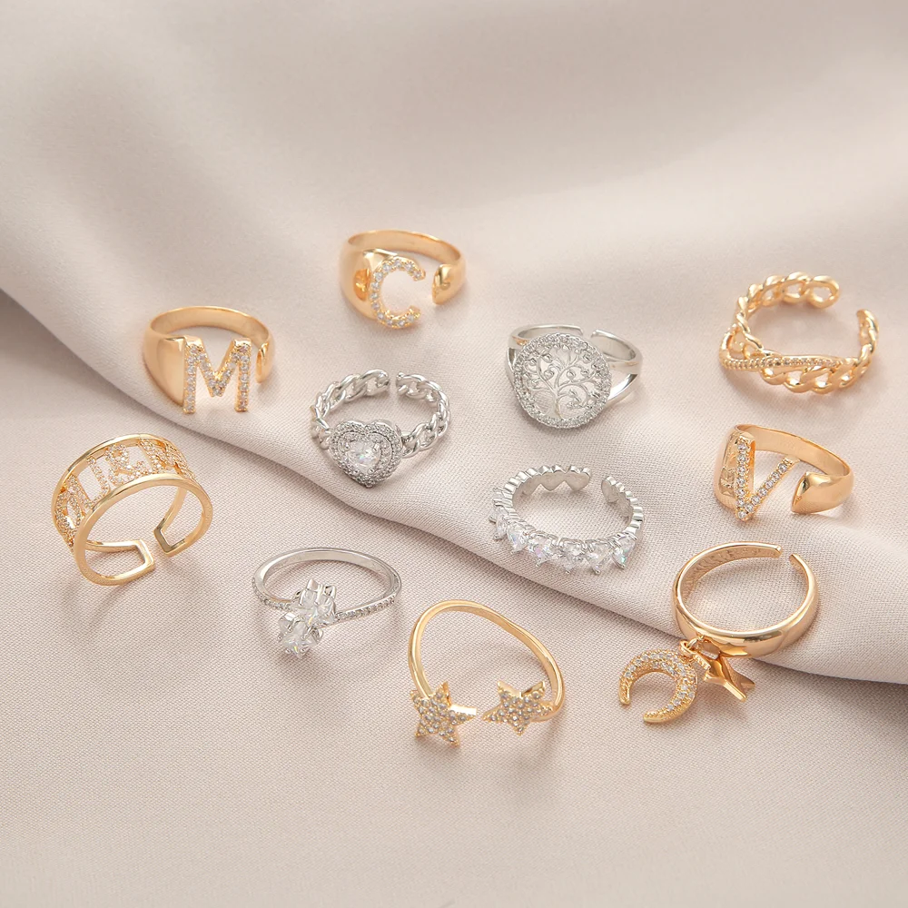 

Cubic Zirconia 14K Gold Plated Ring For Woman Letter Heart Star Pearl Tree Crystal Rings Simple Fashion Jewelry 2021 New Trend