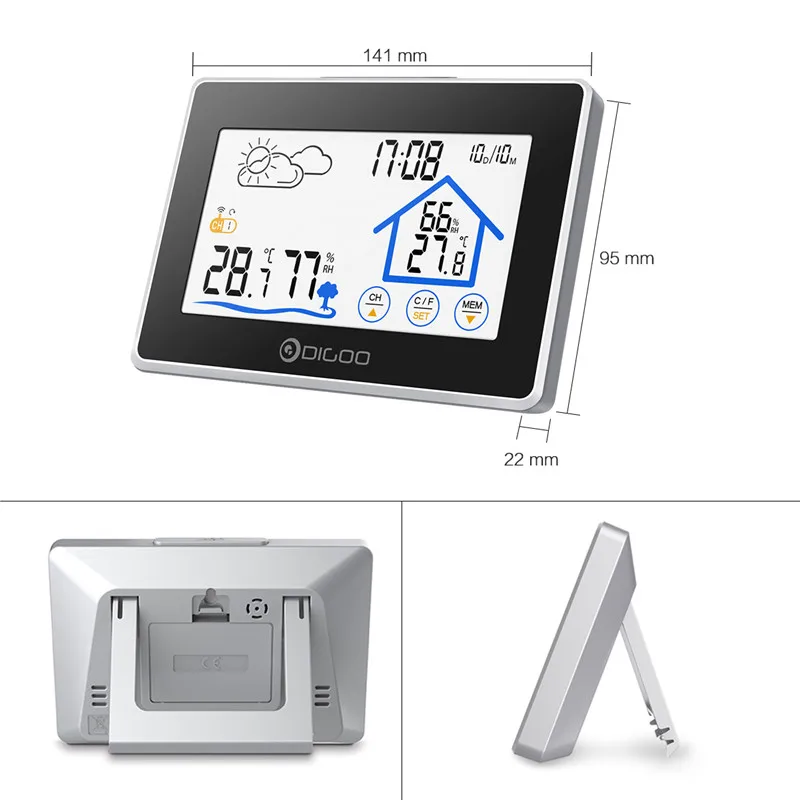 Digoo-term&oacute;metro inal&aacute;mbrico DG-TH8380, higr&oacute;metro, estaci&oacute;n de clima de pantalla t&aacute;ctil con Sensor de pron&oacute;stico para exteriores-4
