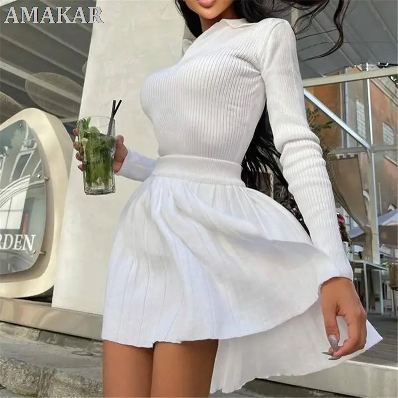 

Женский трикотажный комплект из двух предметов, облегающая блузка с длинным рукавом и плиссированная юбка с высокой талией, 2021