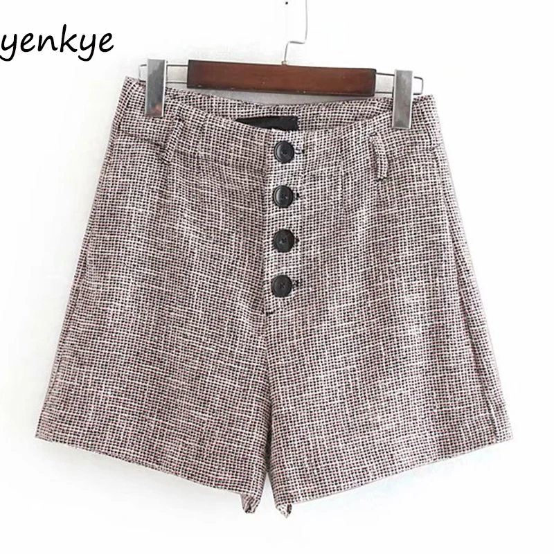 Винтажные твидовые шорты женские с высокой талией и пуговицами спереди