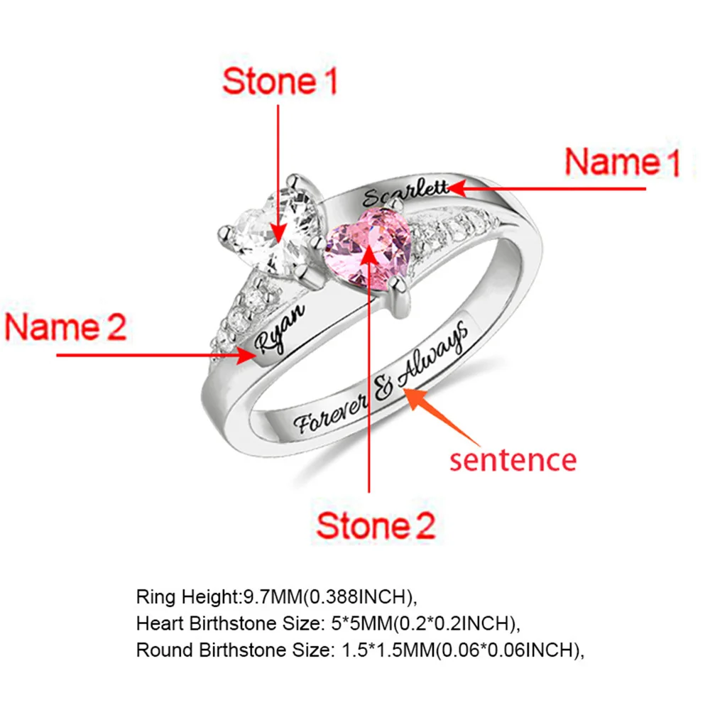 SG Personalized 925 Sterling Silver Rings Custom Heart Birthstone Ring With 2 Names Jewelry for Her Mother day's Gift
