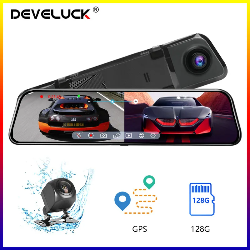 Автомобильный видеорегистратор DEVELUCK 12 дюймов IPS 1080P с двумя объективами GPS-треком