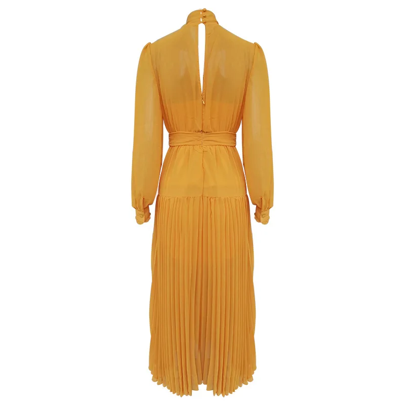 

Chiffon lace stitching orange dress women's new socialite slim temperament long sleeve lace pleated skirt