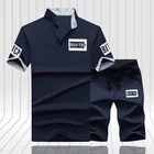Костюм спортивный мужской короткий, повседневный брендовый комплект одежды, топ с воротником-стойкой и шорты, уличная футболка, лето 2021
