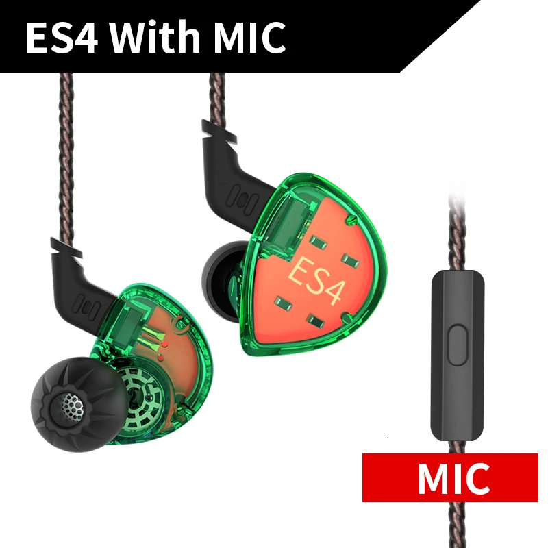 Green Mic KZ ES4 наушники гибридные технологии единиц 1DD+ 1BA гарнитура в ухо Мониторы наушники HiFi бас шумоподавления наушники - Цвет: Green Mic