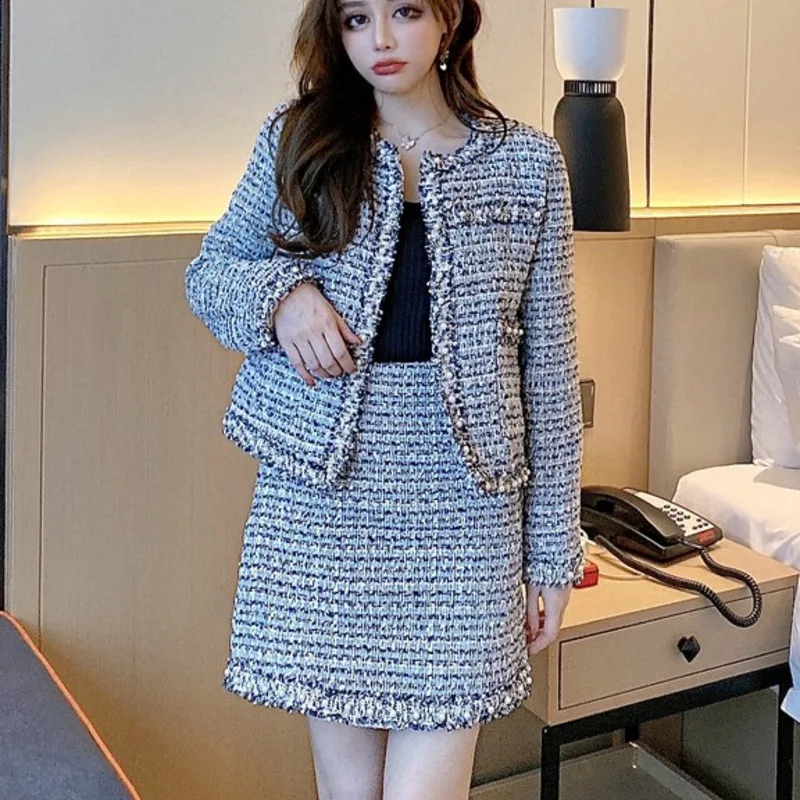 

Small Fragrance Two Piece Skirt Suits 2021 New Autumn Winter Vintage Tweed 2 Piece Set Women Woolen Jacket Coat + Skirts Sets