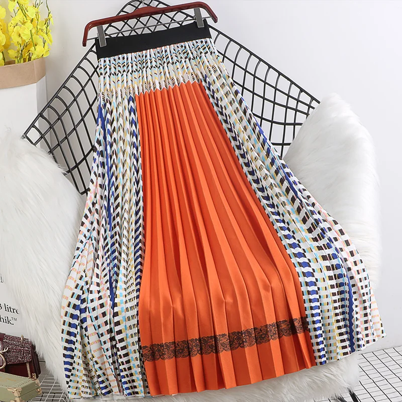 

Spring Women Pleated Skirt Ladies New Multicolor High Waist Contrast Color Autumn Casual Skirt Mid-calf Swing Long Skirt