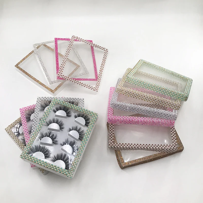 

4-Pairs Sticker Diamond Lash Tray With 18mm-22mm 3D Strip Lashes Custom Private Label Natural Mink Eyelashes Vendor