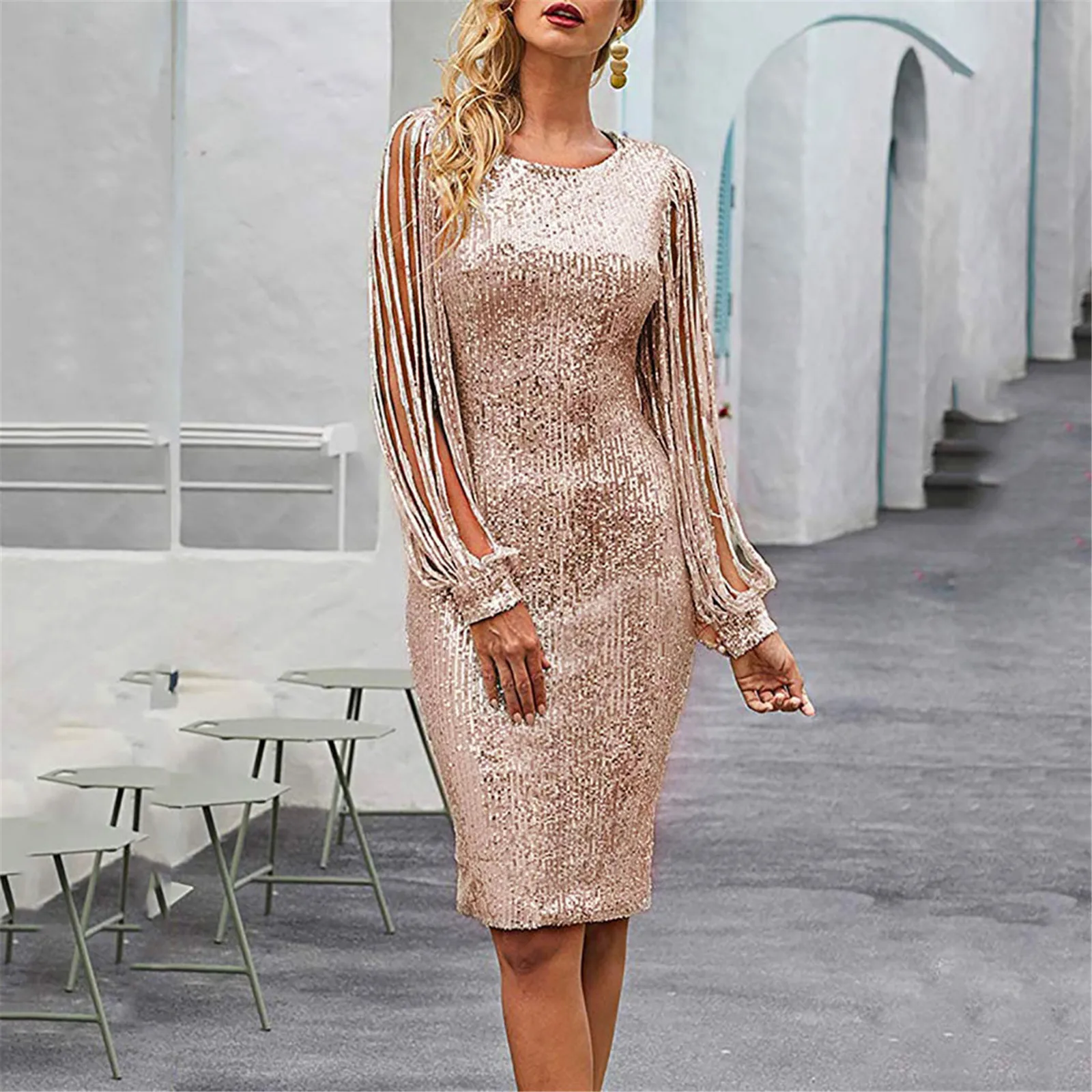 

Women Sexy Dresses Solid Sequined Stitching Shining Club Sheath Long Sleeved Mini Dress Evening Party Sequins Dresses D4