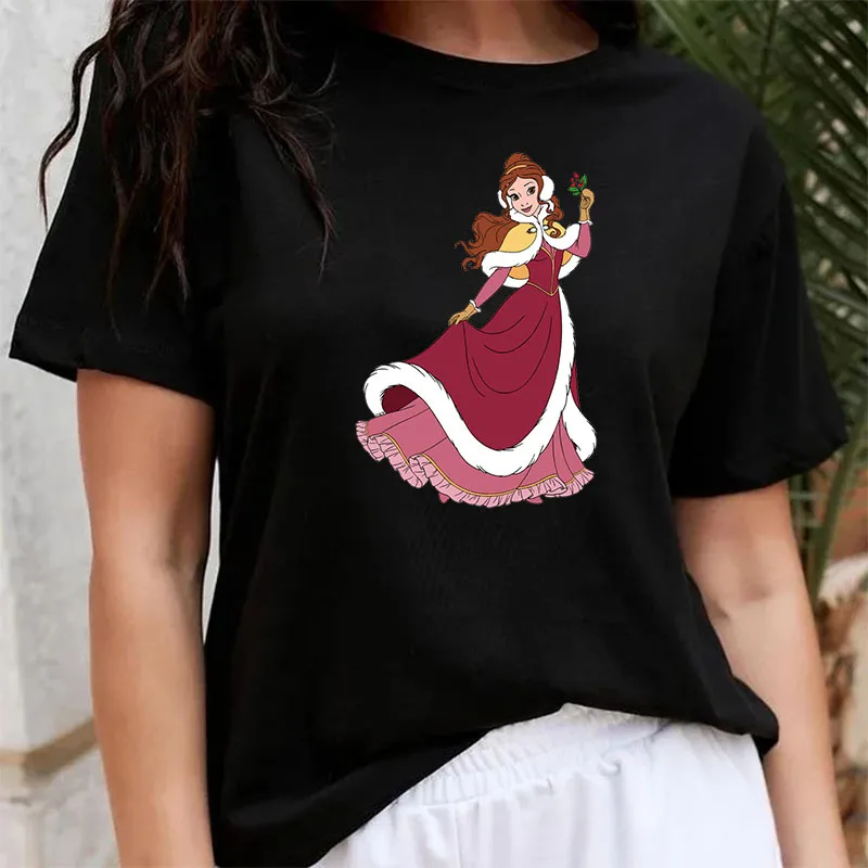 

Harajuku Women's T-shirt Casual Streetwear Tops Kawaii Belle Princess Christmas Print Fashion Xmas Gift Disney T Shirt Ladies