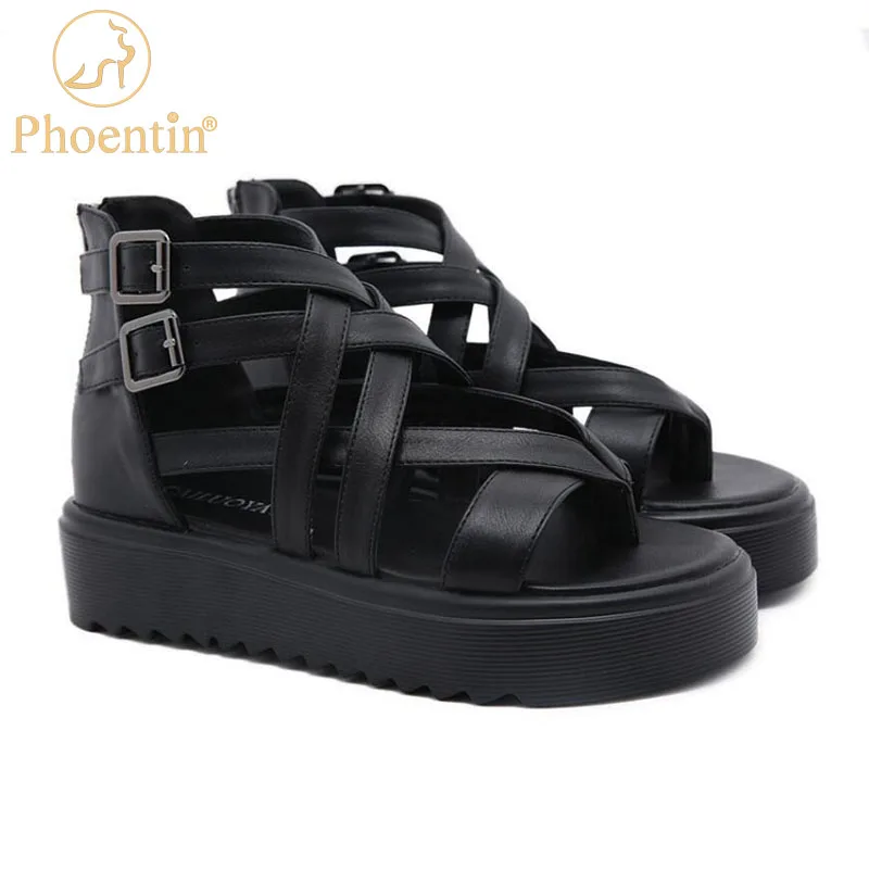 

Phoentin Women's Rome Platform Flip-Flop Sandals 2021 Summer New Bandage Sandals mid Heel Casual zip Shoes black FT1472