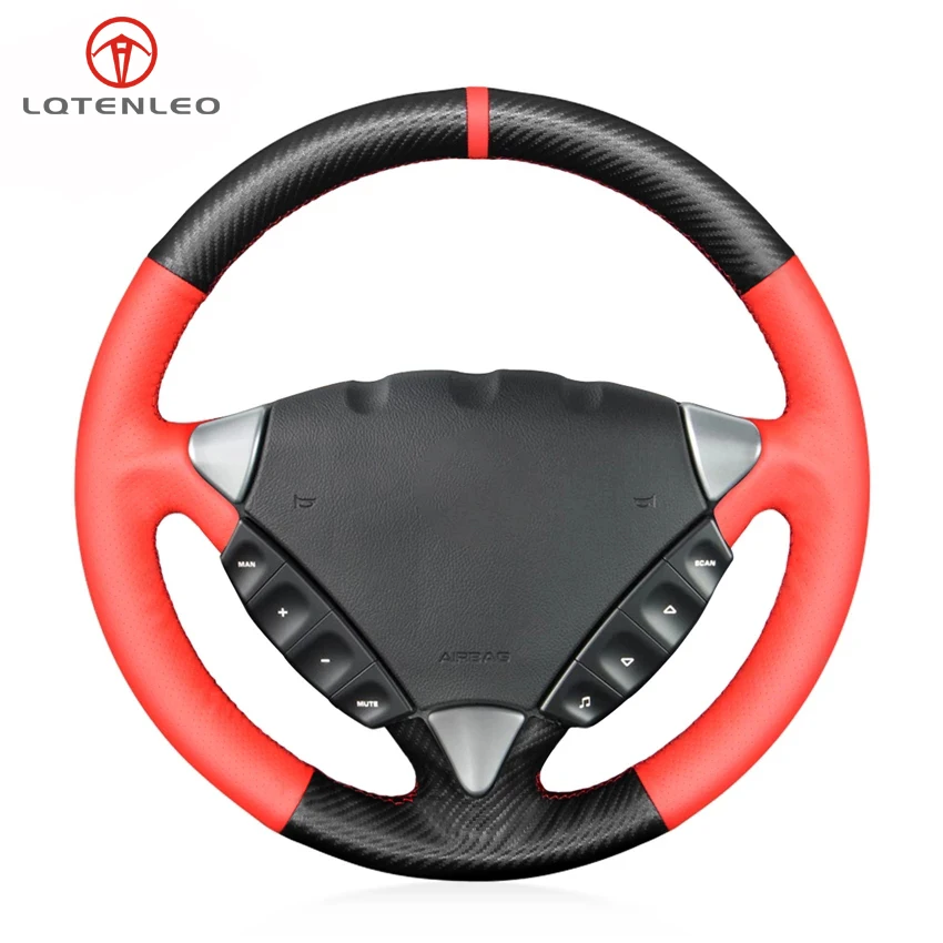 

LQTENLEO Black Carbon Fiber Red Leather Hand Sew Car Steering Wheel Cover For Porsche Cayenne 2004 2005 2006 2007 2008 2009 2010