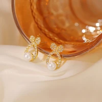 rhinestone bow knot stud earrings heart shaped pearl golden fashion party stud earrings for women girl gifts wholesale