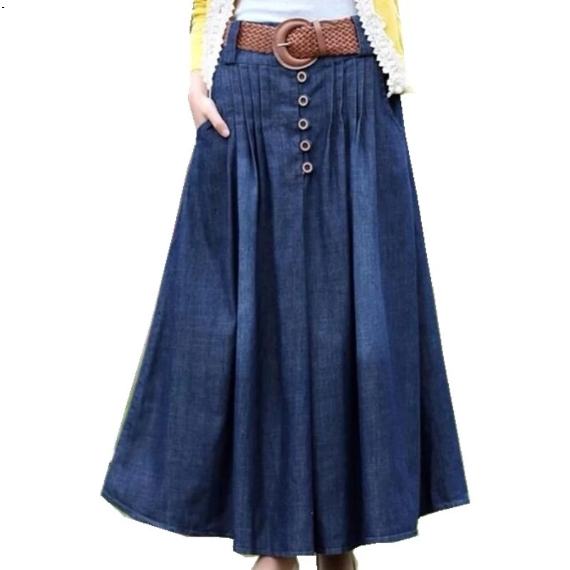 Новинка 2019 Джинсовая длинная юбка маятник женские плиссированные юбки тонкая