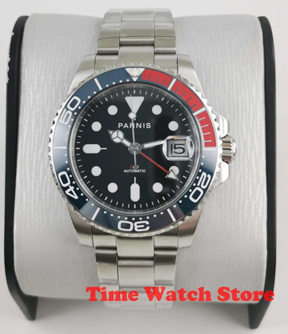 40 мм parnis GMT 3804 Автоматические наручные часы для мужчин сапфировое стекло светящийся Водонепроницаемый черный циферблат керамический ободок SS браслет