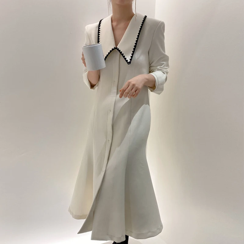 

Spring Chic Turndown Collar White Women's Long Dress Casual Vintage Long Sleeve Patchwork Ladies Shirt Dresses Single Breasted