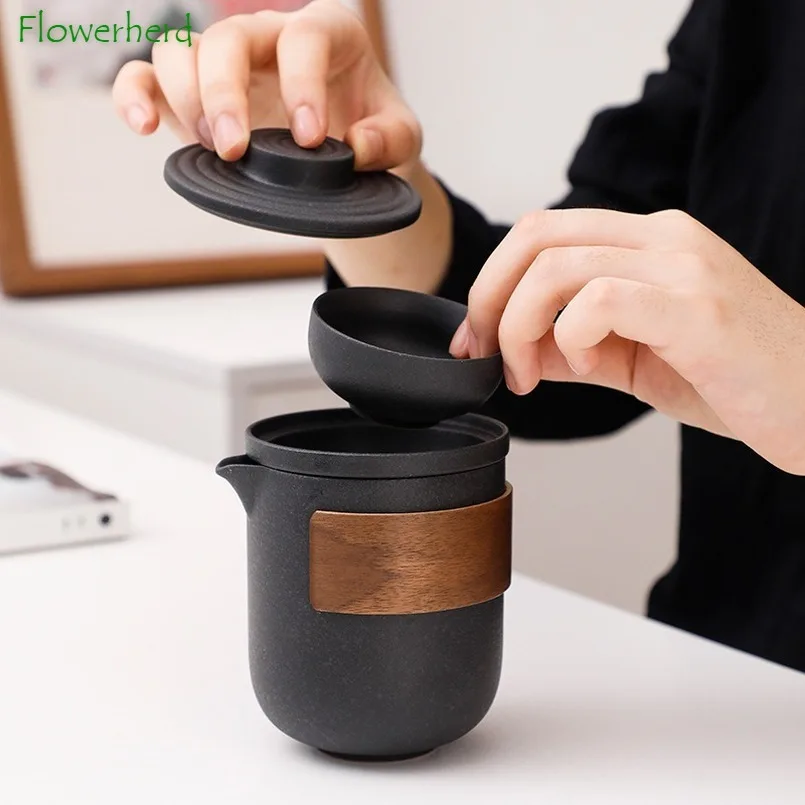

Ceramic Purcelain Kung Fu Tea Set Teaware Tea Pot and Cup Set Black Pottery Travel Tea Set Portable One Pot Four Cups Travel Bag