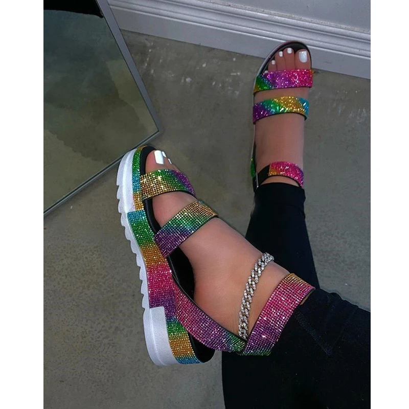 

2021 Summer Sandals Fashion Rhinestone Women's Shoes Open Toe Low Heel Outdoor Sandals Plus Size 43