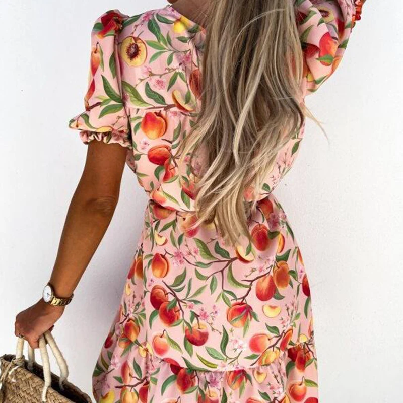 

2021 Summer Elegant O-Neck Prints Belt Dress Eexy Casual High Waist Vacation Dresses Vestidos Fashion Sweet Ruffled Beach Dress