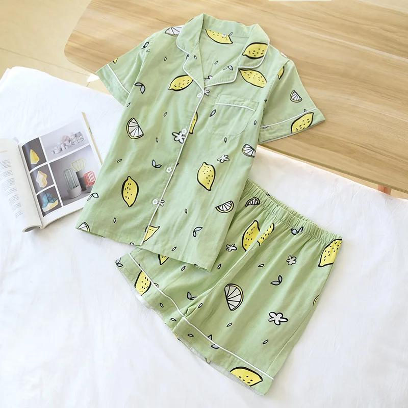 

New ladies 100% cotton short-sleeved ladies pajamas suit shorts cute cartoon printing Japanese style simple pajamas home service