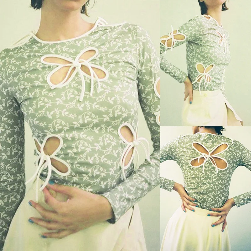 

Vintage Butterfly Hollow Out Bandage Long Sleeve T-Shirts Streetwear Print O-Neck Tops Fashion Outfits