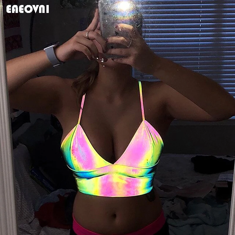 

Hipster Club Sexy Deep V Laser Reflective Camisole Short Tops Jumpsuit Women 2020 Summer Fashion Women's New Style Streetwear