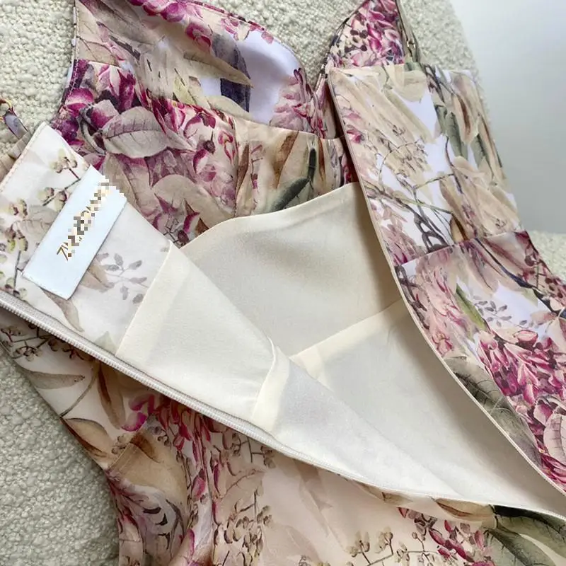 

High Quality Silk New Summer Women Fashion Pink Flower Print Strapless Camisole Mid-calf Dresses 2021