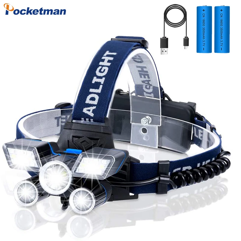 

White Light 9 Modes LED Headlamp L2+ 2*T6 LED Headlight USB Rechargeable Head Light with Tail Warning Light Camping