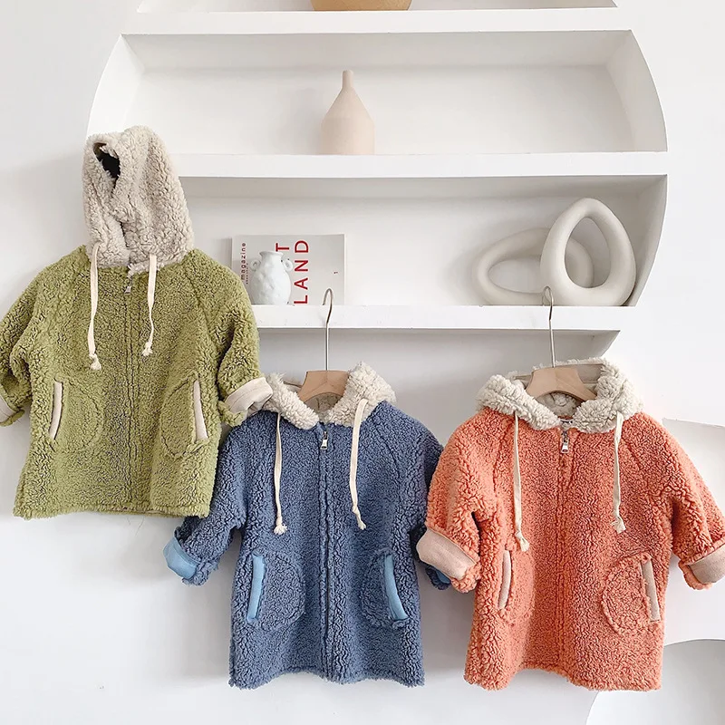 Зимние Модные шерстяные куртки на молнии с капюшоном для мальчиков и девочек