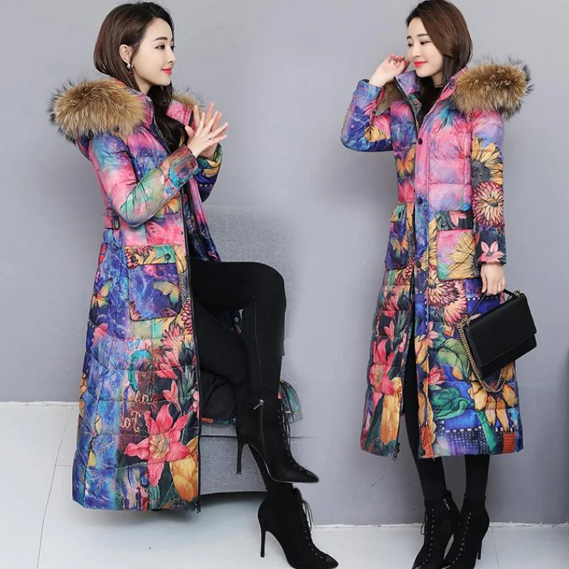 Парка с принтом длинное хлопковое пуховое пальто новинка 2019 зимнее женское