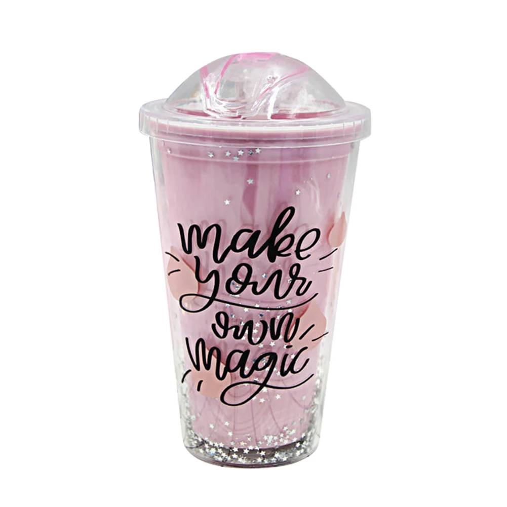 4 Hot Plastic Portable Hand-held Double Straw Cup Double Layer Student Water Cup L99 - Цвет: 4